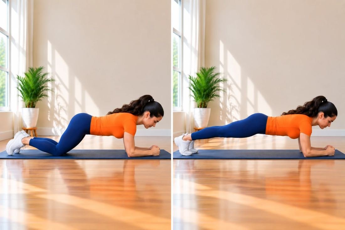 Plancha: con rodillas apoyadas y luego con piernas estiradas