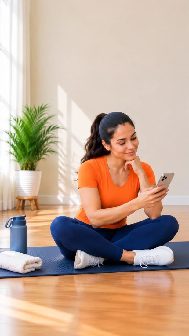 Mujer sentada en su mat revisando un programa en el celular
